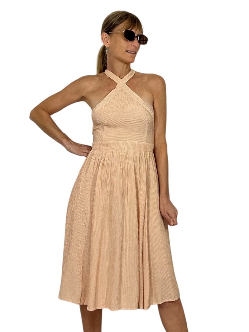 Christy Dawn Arrow Dress S Orange Striped Halter Midi Pockets - Picture 2 of 16